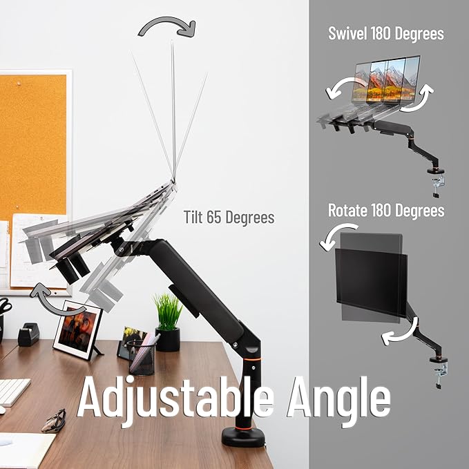 Mind Reader Gas Spring Laptop Desk Mount, Fits 11.6–17.3" Laptops or Monitors, 180° Rotate, 13.2 lb Capacity, Single Arm with Integrated Cable Management, Adjustable Tilt/Swivel, Black