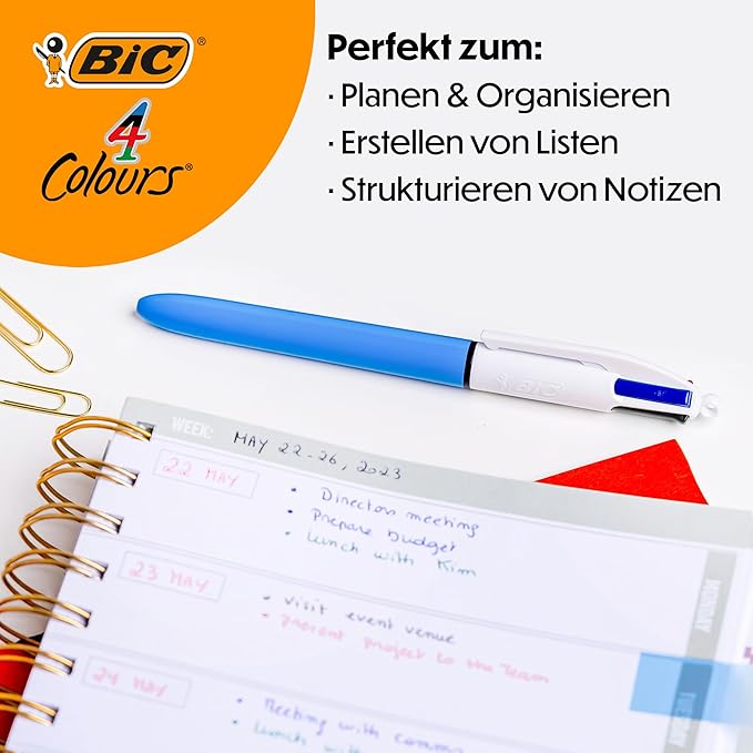 BIC 4 Colours Original Retractable Ballpoint Pens, Multi Coloured All in One, Green, Blue, Red, Black, 12 Pens Per Pack