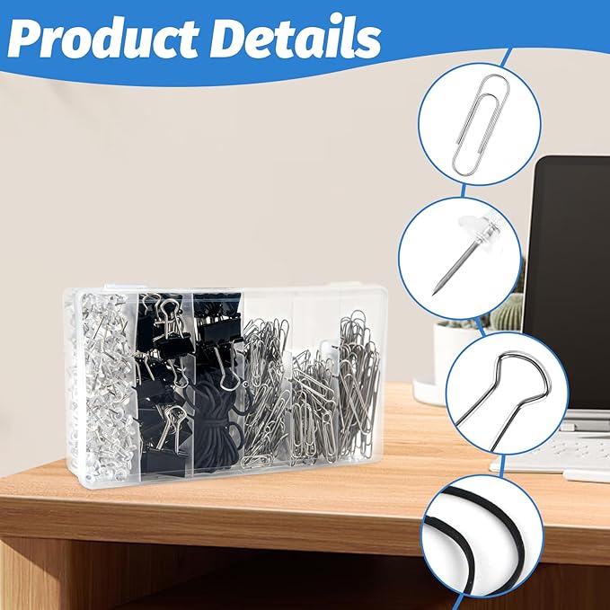 Paper Binder and Clips Assorted Sizes Set,500 PCS Black Metal Office Clips Push Pin Rubber Bands Set for Home, School,Office Supplies