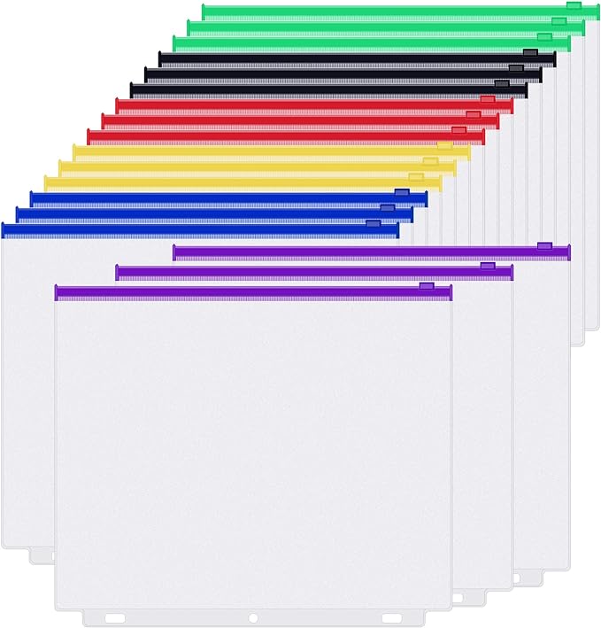 Antner 18PCS Letter Size Binder Pockets for 3 Ring Binder, 3 Holes Zipper Binder Pouch Insert Pages Sheet Protectors Loose Leaf Bags Waterproof PVC Document Folders Filling Bags, 6 Colors Zipper
