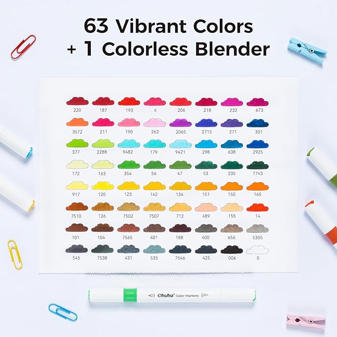 Ohuhu Markers for Adult Coloring Books No Bleeding 64 Colors Brush & Fine Water-based Coloring Markers Dual Tips Drawing Pens for Kids Adults Beginners Lettering Journaling