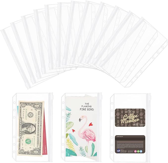 100 pcs Transparent A6 Binder Pockets 6 Holes Zipper Folders PVC Card Loose Leaf Bags Cash Envelopes for Budgeting Binder Waterproof Filing Bags for 6 Ring Notebook Planner Inserts