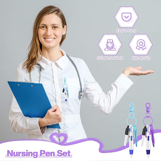 Sabary Mini Highlighter Nurse Pen Pack Set Nurse Pens for Badge Include Pink and Purple Tip Highlighter 2 Permanent Marker and 2 Retractable Ball with 2 Keychain Clip(Blue, Purple)