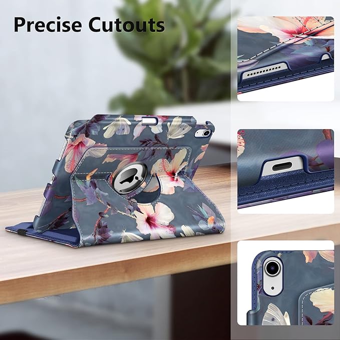 Fintie Rotating Case for iPad (A16) 11th Generation 11 Inch (2025), iPad 10th Generation 10.9 Inch (2022) - [Built-in Pencil Holder] 360 Degree Rotating Protective Stand Cover, Blooming Hibiscus