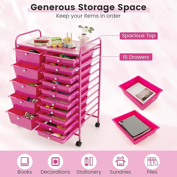 COSTWAY 15 Drawer Rolling Storage Cart, Mobile Utility Cart with Lockable Wheels, Drawers, Multipurpose Organizer Cart for Home, Office, School, Hot Pink