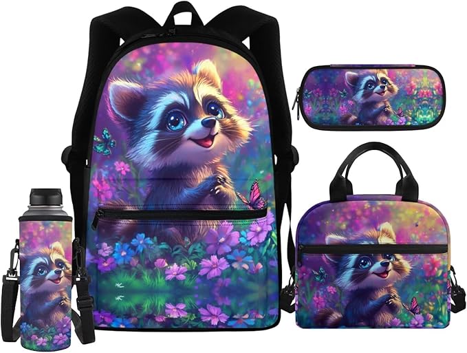 Raccoon Backpack for Girls Boys School Bag Set Elementary Bookbag with Lunch Box Kids Pencil Case Water Bottle Sleeve Kindergarten Preschool Schoolbag Travel Daypack Rucksack