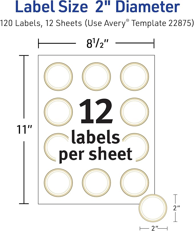 Avery Printable Round Labels, 2" Diameter, Matte White with Metallic Gold Borders, Permanent Adhesive, 120 Blank Labels, Great for Weddings, Showers, Holidays, and More (22875)