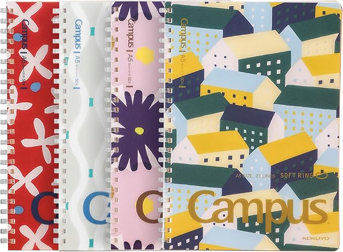 KOKUYO Spiral Lined Notebook, 4 Pack 8.3'' x 5.8'' SOU SOU Journal A5 Soft Ring Notebooks with 8mm Dot Ruled, 50 Sheets, 1 Subject Notebook for School and Note Taking