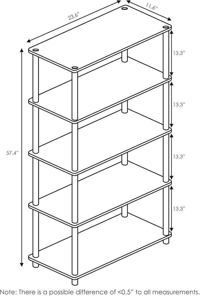 Furinno TURN-N-TUBE Storage Shelves, 5-Tier Book Shelf, Corner Shelf, Toolless Open Shelves, for Organization and Storage, Living Room, Garage, Home Office, Black