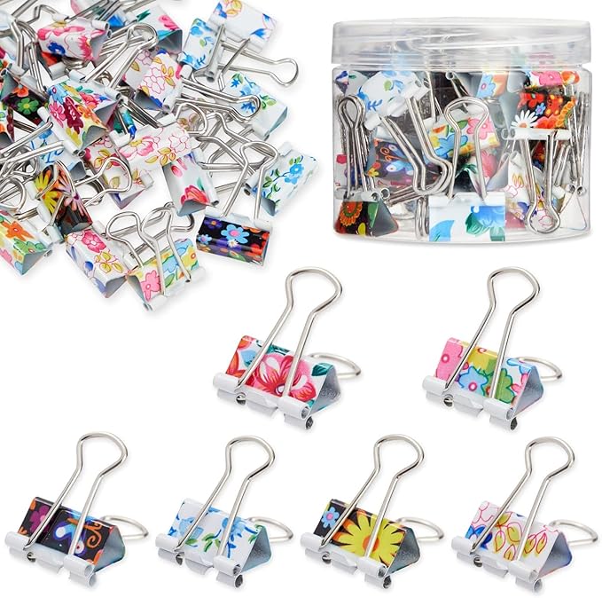Juvale 40-Pack Small Floral Binder Clips - 1.5 x 0.75in Multicolor Iron - Secure Grip for Documents & Notebooks - School Supplies & Office Organization - Small Paper Clips for Files & Planners