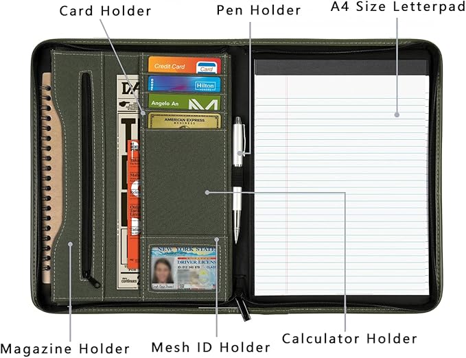 Zippered Portfolio Organizer/ A4 Refillable Lined Writing Notepad Folder Case/Fabric-Covered Padfolio Binder with Interior Storage Pocket for Men Women.Dark Olive