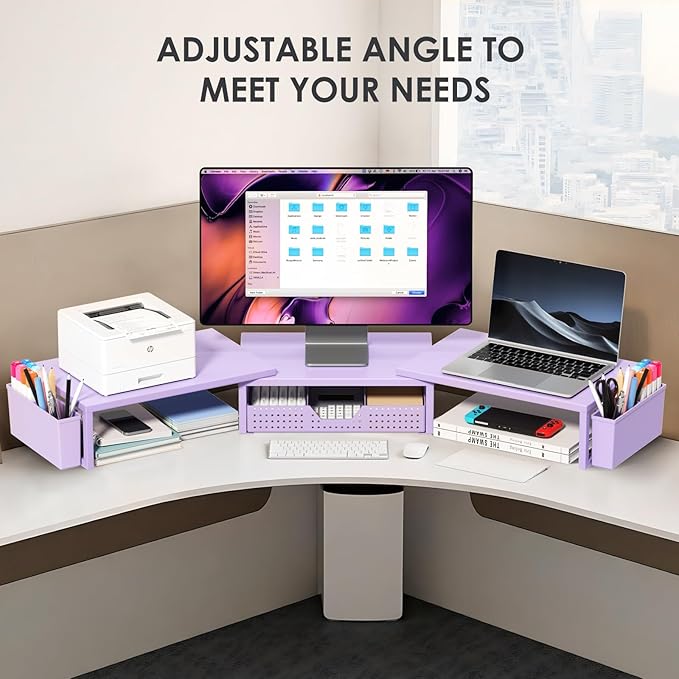 OPNICE Purple Desk Organizers and Accessories, Dual Computer Monitor Stand Riser with Drawer and 2 Pen Holders, Office Desk Accessories, Workspace Desktop Organization for Office Supplies