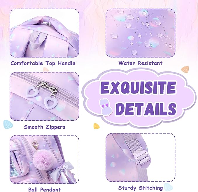 Kids Backpack for Girls - School Bags for Middle School Students - Book Bag for Elementary Primary - Kawaii Ita Backpack - Purple Shell