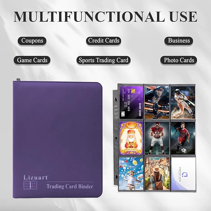 Card Binder 9 Pocket, 3-Ring Zipper Binder for Baseball Cards, Sports Cards, TCG/CCG (MTG, Football, Basketball), 20 Black Leatherette Sheets, Side Load (Purple, O-Ring)