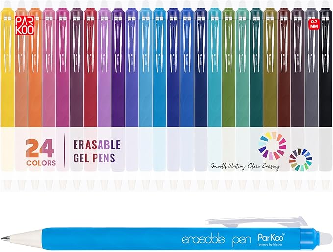 ParKoo Erasable Gel Pens, 24 Colors Retractable Erasable Colored Pens Fine Point 0.7mm, Make Mistakes Disappear, Assorted Color Inks for Drawing Coloring Writing Planner