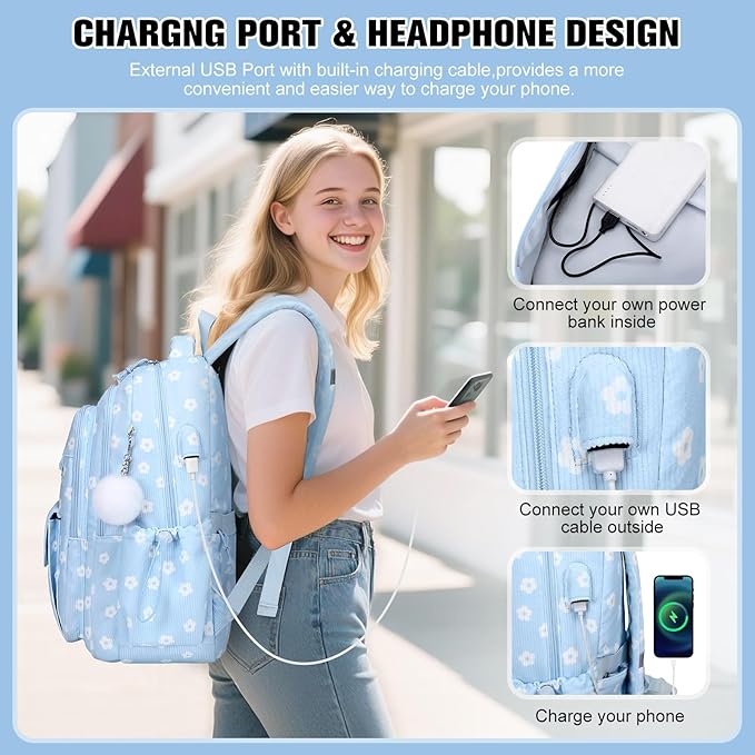 Bevalsa Backpack for Gilrs, 3PCS Corduroy Kids Backpack Set with Lunch Box & Pencil Pouch, Bookbag Daypack Laptop Bag for Women Teens Elementary Middle High School