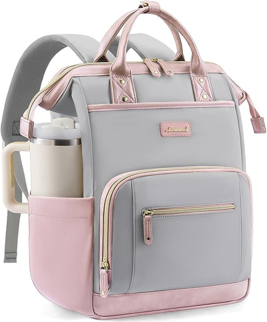 LOVEVOOK Laptop Backpack for Women with Giant Tumbler Holder,15.6 inch Professional Nurse Teacher Backpack Computer Laptop Bag,Cute Waterproof Travel Backpack Purse Work College Bag, Grey-Pink