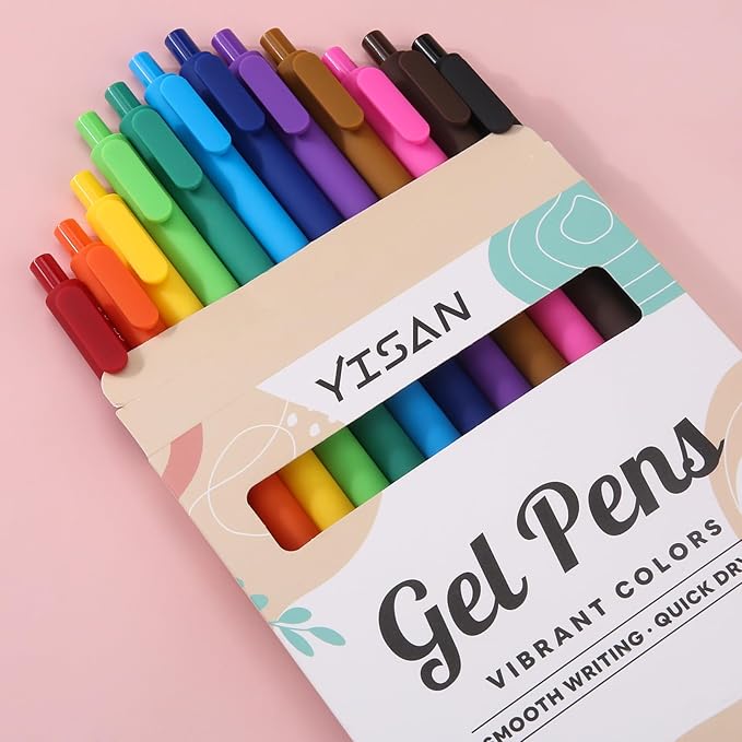 YISAN Colored Gel Pens,Journal Pens 0.7 mm Colorful Ink Pens,Fine Point Fast Dry 12 Assorted Colors,Smooth Writing for Journaling and Note Taking,Retractable,Roller Ball Point,71044