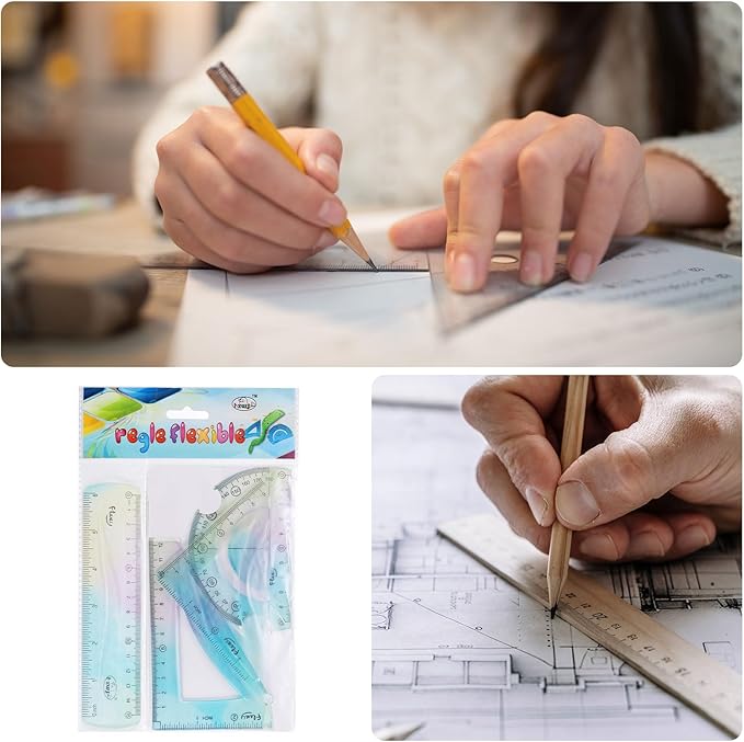 HARFINGTON 4pcs Triangular Ruler Set 30cm Plastic Flexible Straight Metric Soft Bendable Ruler Geometric Protractor Triangle Rulers for Home Office