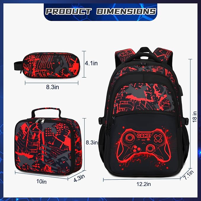 Boys Backpack for School, 3PCS Cool Luminous Gamer Backpack for Boys with Lunch Box Pencil Case, Kids Backpacks Bookbag for Teen Boy Elementary Middle High School with USB Charging Port