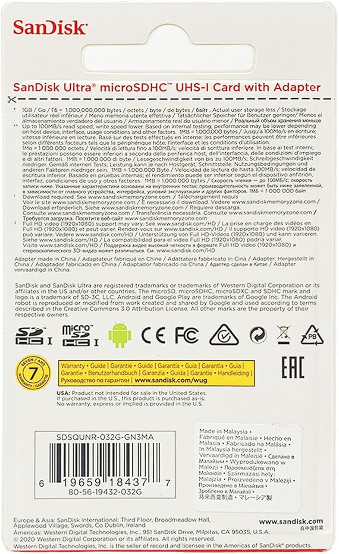 Sandisk Ultra MICROSDHC 32GB 98MB/S Flash Memory Card (SDSQUNC-032G-AN6MA)