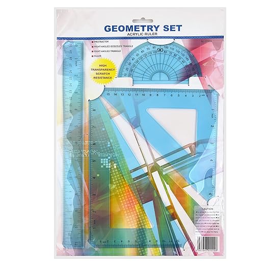 Coopay 12 Inch Math Geometry Tool Plastic Ruler Square Set Includes Straight Ruler, Triangles, Protractor for Student School Office Supplies (Blue)