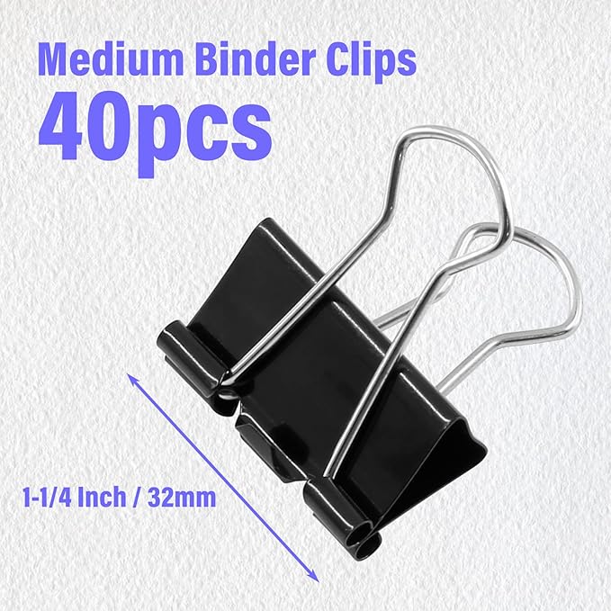 40 Pack Medium Binder Clips - 1 1/4 Inch / 32mm Black Metal Paper Clamps for Office, School, Home, DIY, Business - File Clips, Teacher Supplies