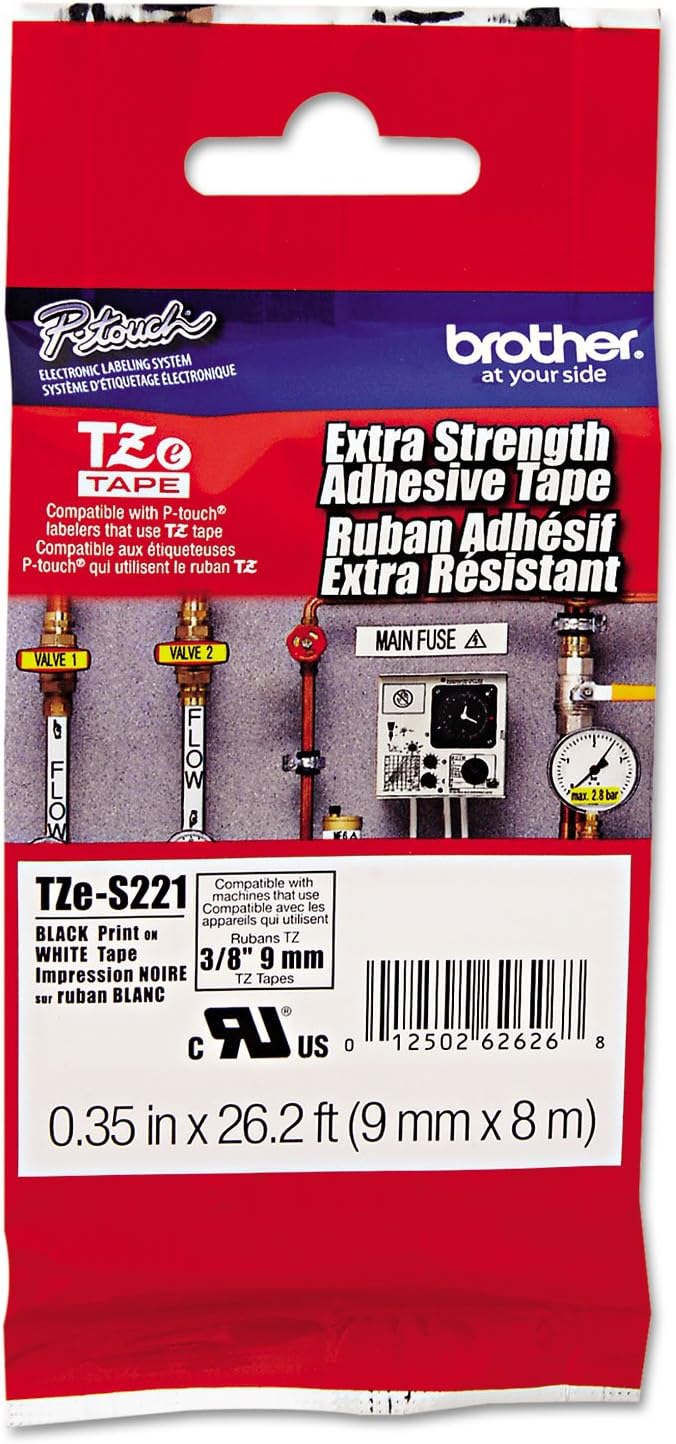 Brother P-Touch TZES221 TZe Extra-Strength Adhesive Laminated Labeling Tape, 3/8-Inch w, Black on White