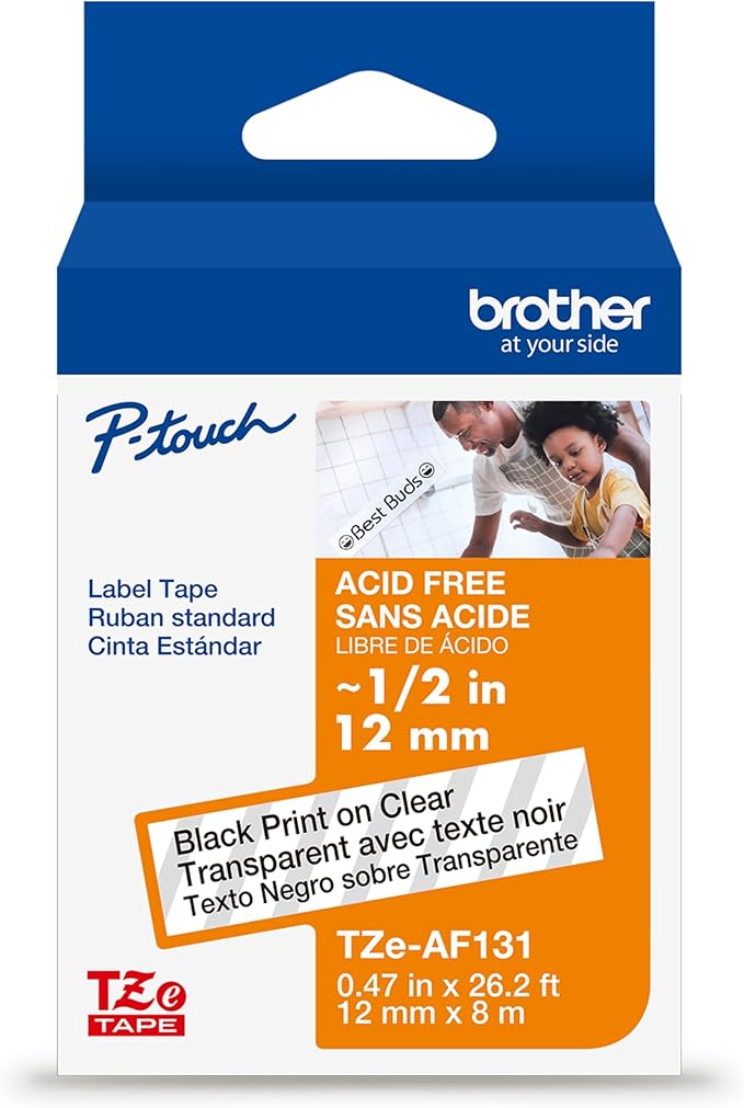 Brother Genuine P-Touch TZe, Black Print on Clear Label Tape (TZeAF131), Acid-Free Laminated,1/2in x 26.2ft (12mm x 8m) for Select P-Touch Label Makers, Durable, for Scrapbooking, Photo-Safe
