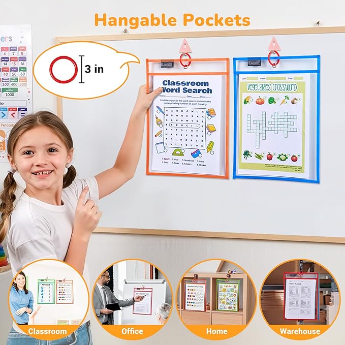 Gamenote 10 Pack Dry Erase Pockets with 5 Rings, 10 Assorted Colors 10x14 Oversized Reusable Plastic Sleeves, Clear Sheet Protectors, Teacher Supplies for Classroom Organization
