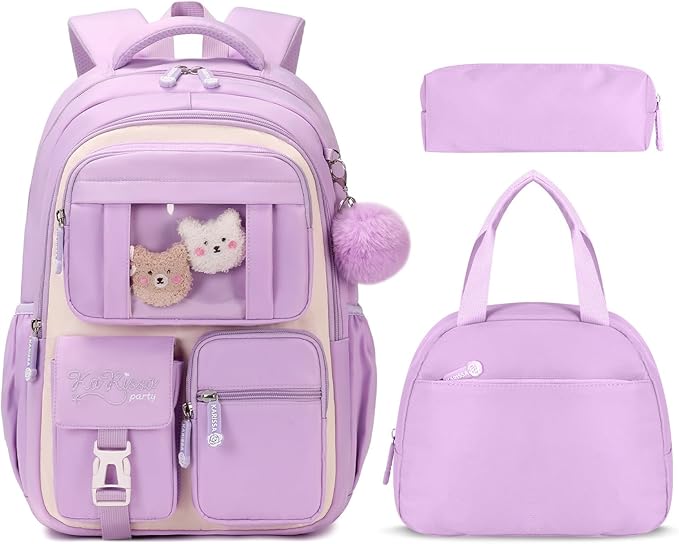 Girls Backpack with Lunch Box 3Pcs, Kawaii School Bag Set for Kid Elementary Middle School, Multi-Pocket Cute Laptop Bookbag Lightweight, Purple