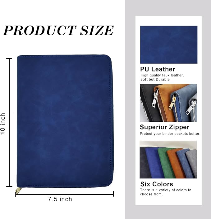 A5 Binder Case PU Leather Portfolio Budget Binder Refillable Notebook Planner Cover with Zipper 6 Rings Money Document Organizer for Business Interview (Blue)