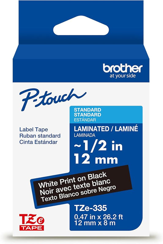 Brother Genuine P-Touch TZe White Print on Black Label Tape (TZe335), Laminated,1/2in x 26.2ft (12mm x 8m), for Select P-Touch Label Makers, Durable, Water-Resistant, Indoor/Outdoor Use