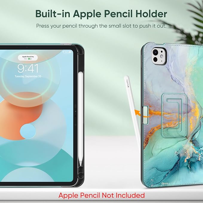 Fintie Folio Case for iPad Pro 11-inch (M5) 2025 / (M4) 2024 - Premium Vegan Leather Smart Stand Back Cover with Pencil Holder, Auto Wake/Sleep, Emerald Marble
