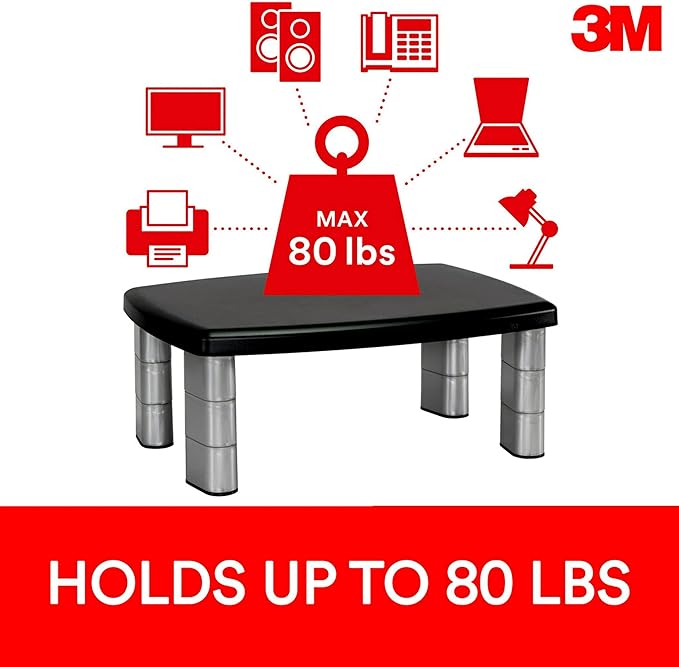 3M Adjustable Monitor Stand, Three Leg Segments Simply Adjust Height from 1" to 5 7/8", Sturdy Platform Holds Up to 80 lbs, 11-inch Space Between Columns for Storage, Silver/Black (MS80B)