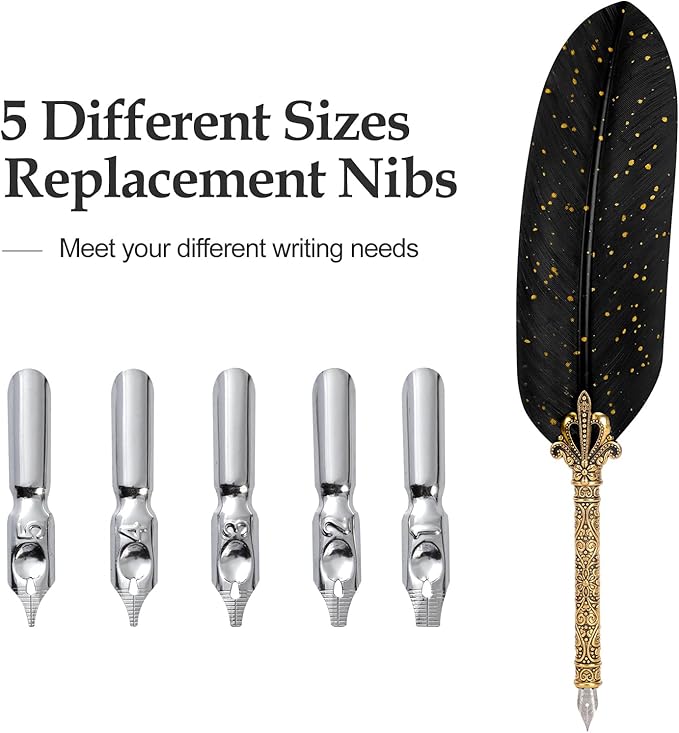 Quill Pen and Ink Set - Feather Calligraphy Dip Pen with Wax Seal Stamp Kit and 5 Nibs (Black)