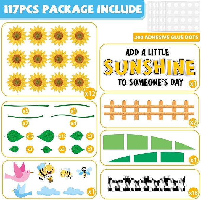 Fall Sunflower Bulletin Board Decorations Sunflower Paper Cutouts for Posting Photo Motivational Quotes Cutouts with Black Plaid Borders for School Classroom Chalkboard Wall Decor Supplies