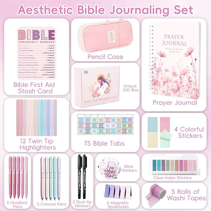XKDOUS Bible Study Supplies Journaling Kit for Women, Bible Study Kit Journaling Supplies Includes Prayer Journal, Highlighters, Emergency Card, Pencil Case and More, Christian Gifts for Women, Pink