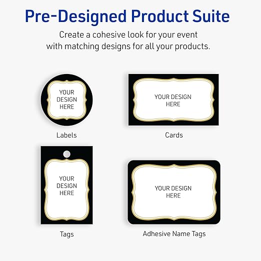 Avery Printable Adhesive Name Badges, 2-1/3" x 3-3/8", Pre-Printed Black Border with Metallic Gold Flourish Design, Matte White, Laser & Inkjet Compatible, 80 Total