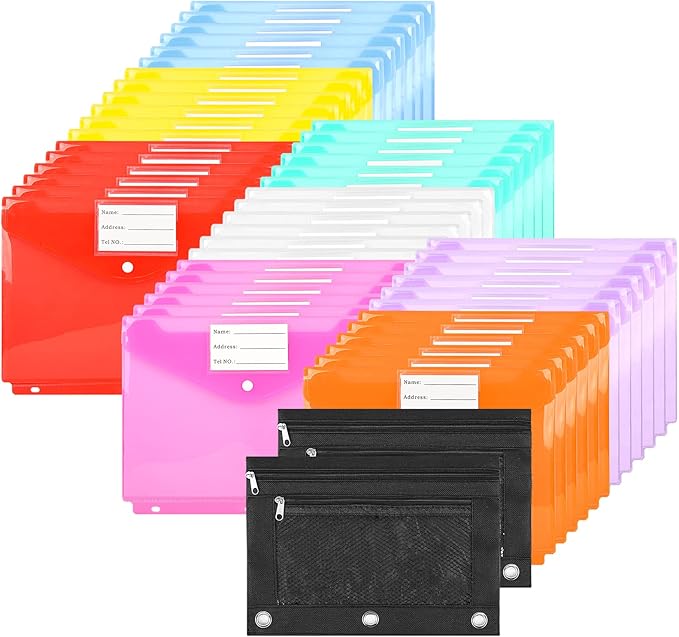 48+2PCS Multi-Color A4 3 Ring Binder Pocket Folders with Pockets, Bulk Zipper Pouch, 3 Ring Folder for Binder Organizer with Label, Letter Size Plastic Envelopes with Snap Closure