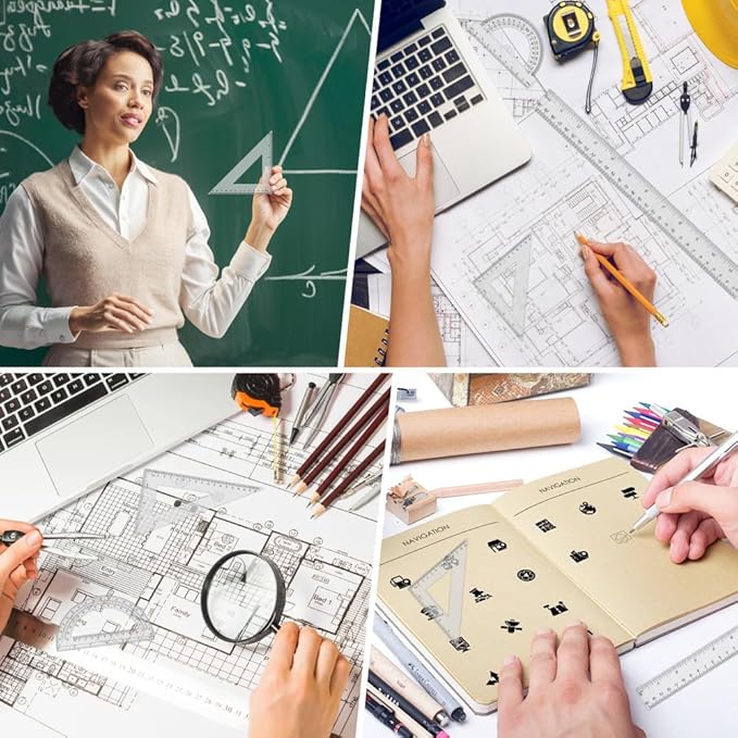 Plastic Clear Ruler Math Set-4 12 Inch 6 Inch Transparent Straight Ruler, 30/60 and 45/90 Triangle Ruler Geometry Math Transparent Ruler Measuring Tool for School Office Home Teachers Kids Supplies