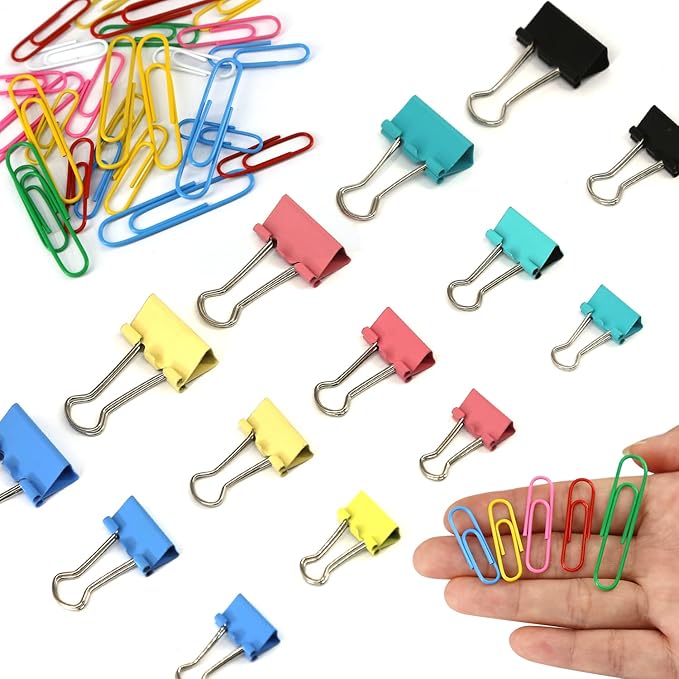 Paper Clips Binder Clips Set, Paperclips Large Medium and Small, 320PCS Colored Paper Clips and Binder Clips Assorted Sizes for Home Office School Document Organizing