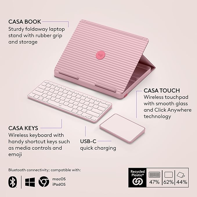 Logitech Casa Pop-Up Desk Work From Home Kit with Laptop Stand, Wireless Keyboard & Touchpad, Bluetooth, USB C Charging, for Laptop/MacBook (10” to 17”),Windows, macOS, ChromeOS - Bohemian Blush, Pink