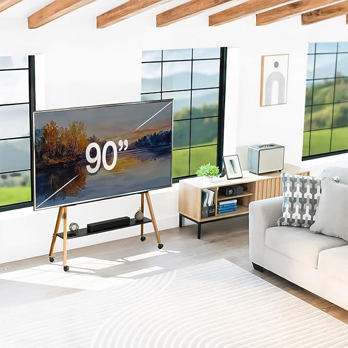 VIVO Rolling Artistic 50 to 90 inch LED LCD Screen Mobile Studio TV Easel Stand, Wood Accessory Shelf, Adjustable TV Mount with 4 Walnut Legs, Black Frame, STAND-TV90R