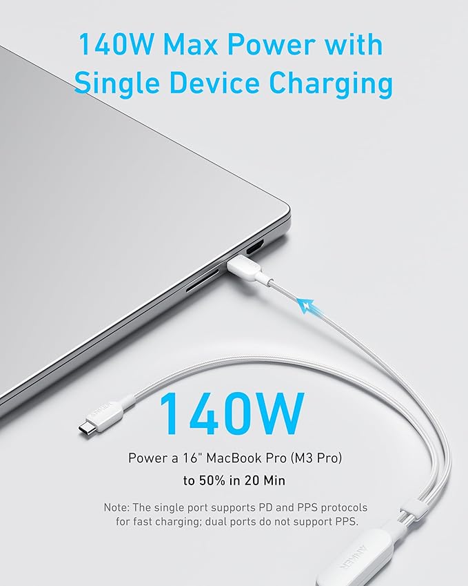 Anker Cable,6FT 2-in-1 USB C to USB C Cable 140W Max,Fast Charging for iPhone 17/17 Pro Max/16 Series,MacBook Air/Pro,and More(Braided,White)