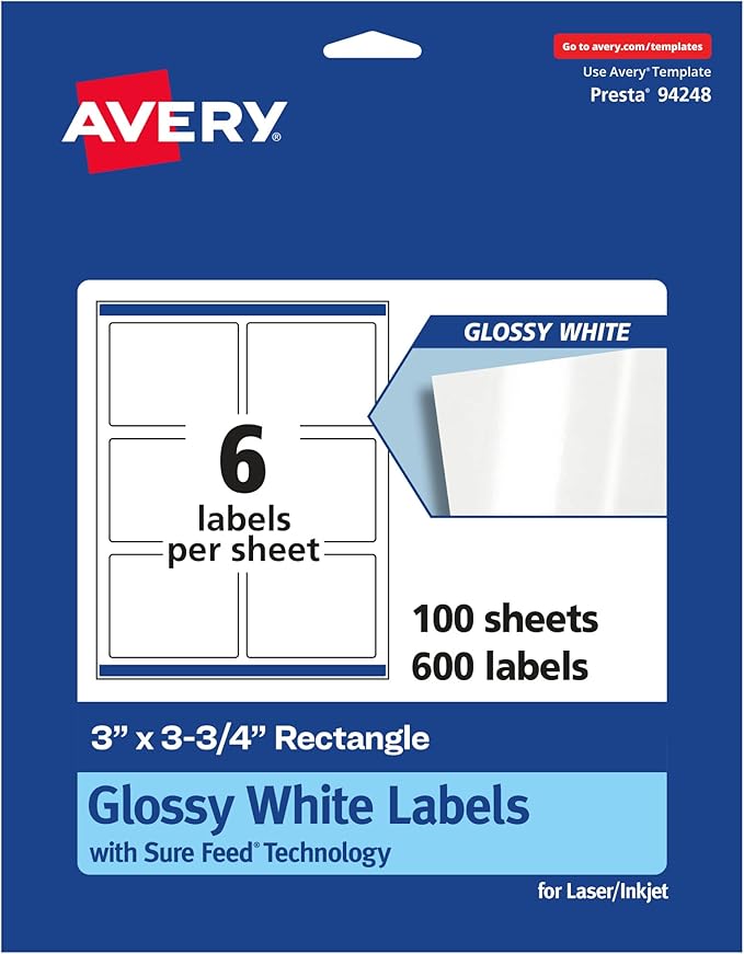 Avery Glossy White Rectangle Labels, Sure Feed Technology, 3" x 3.75", 600 Glossy White Labels, Print-to-The-Edge, Permanent Adhesive, Laser/Inkjet Printable