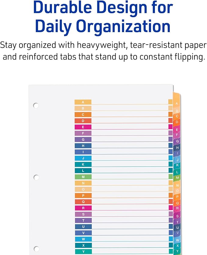 Avery A-Z Dividers for 3 Ring Binders, 26 Tabs per Set, Customizable Table of Contents, Multicolor Tabs, Great for Organizing Reports, Projects, and More (12 Sets of 11125)