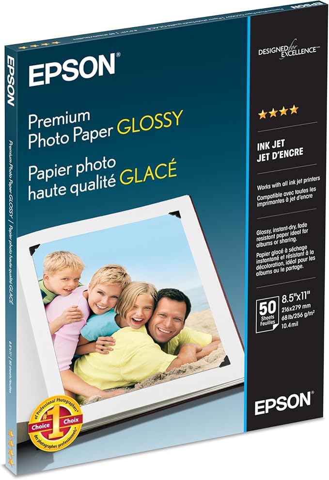 Epson Premium Photo Paper GLOSSY (8.5x11 Inches, 50 Sheets) (S041667),White