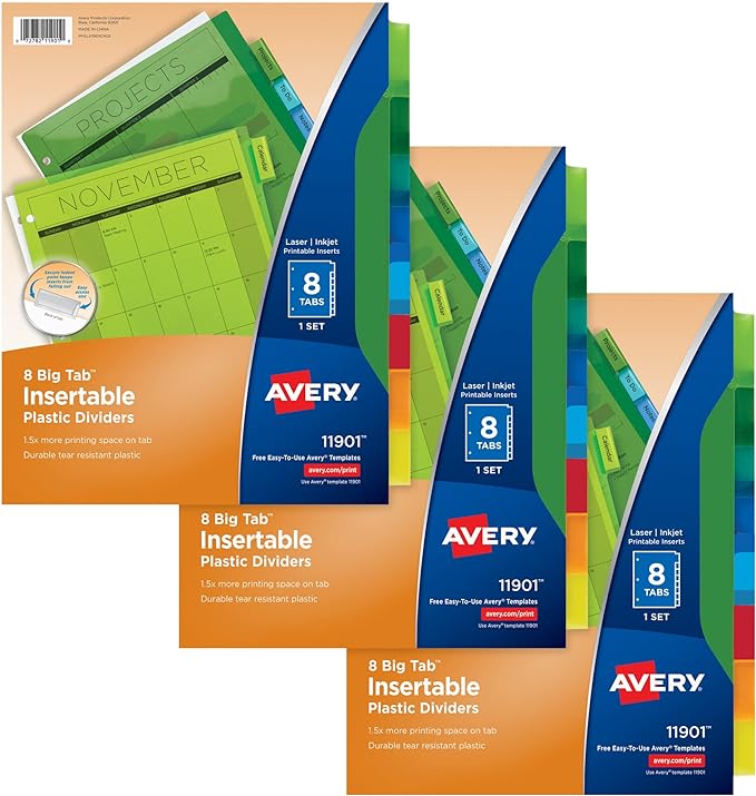 Avery Dividers for 3 Ring Binders,8-Tab Plastic Binder Dividers,Insertable Big Tabs,Multicolor (3 Sets of 11901),(Pack of 8)