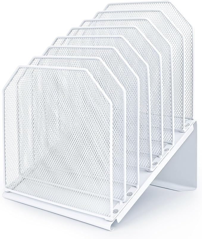 Inclined File Organizer for Desk, 7-Tier Vertical File Folder Holder Office Desk Organizer Metal Rack File Wire Mesh Desktop Document Sorter for Office School Classroom Home (White)
